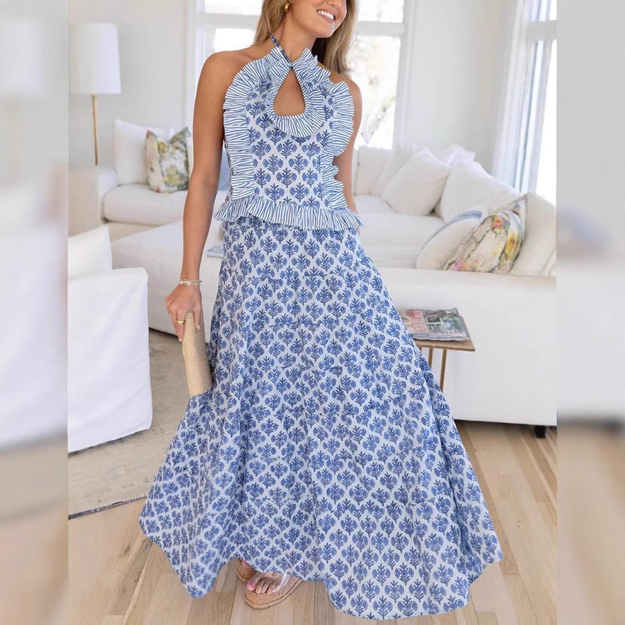 Fashion Halter Blue Printed Suit Skirt