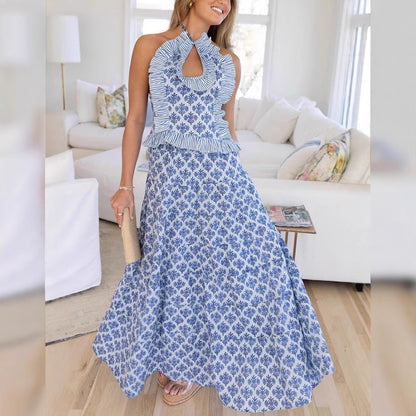 Fashion Halter Blue Printed Suit Skirt