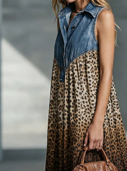 Women’s Denim Sleeveless Collar Leopard Print Patchwork Maxi Dress With Side Pockets