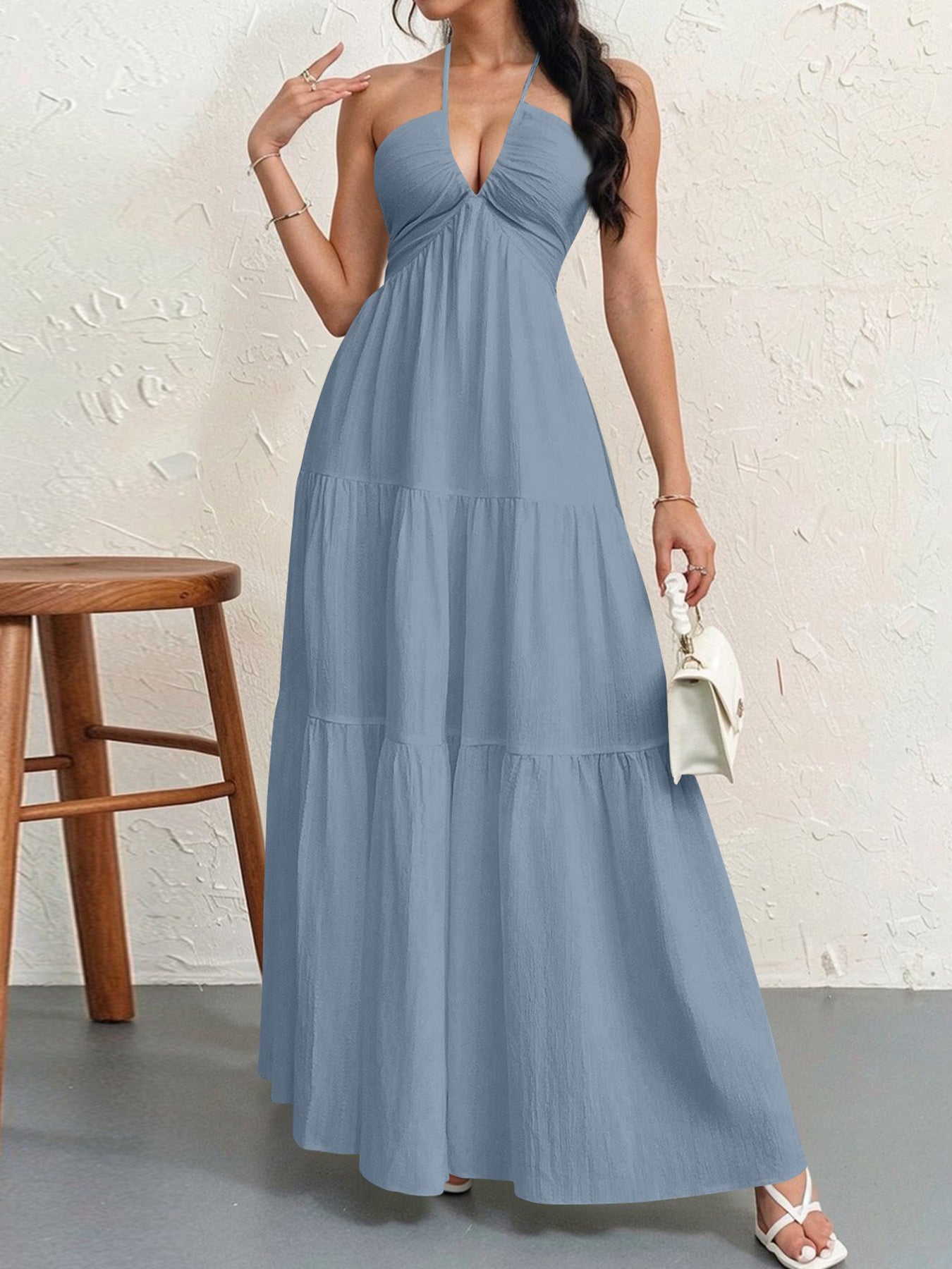 Women's Halter Neck Maxi Dress - Elegant Tie-Up Backless Sundress