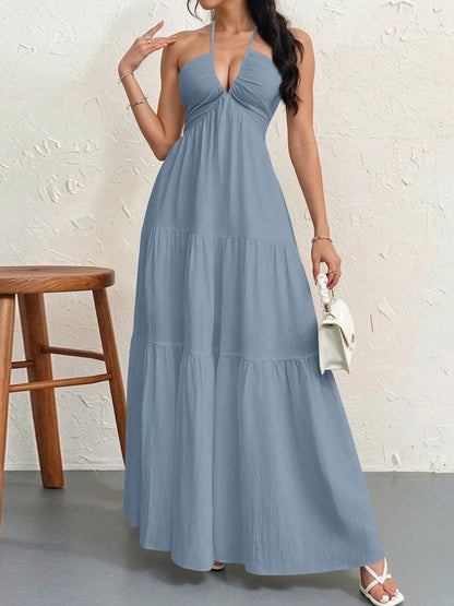 Women's Halter Neck Maxi Dress - Elegant Tie-Up Backless Sundress