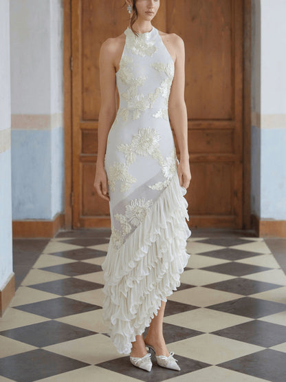 Sexy Halter Neck Floral Knit Bodycon Dress