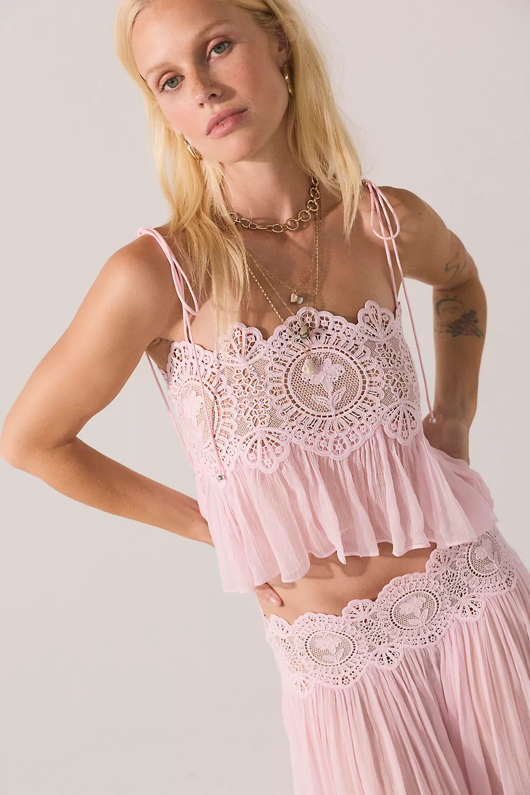 Boho Lace Cami Two-Piece Set – Crop Top & Wide-Leg Pants, Vacation Resort Wear
