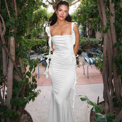 Strap Backless Ruffled Ribbon Dress