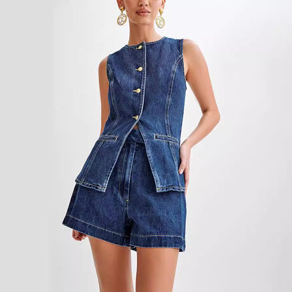 Fashion Casual Sleeveless High Waist Denim Suit