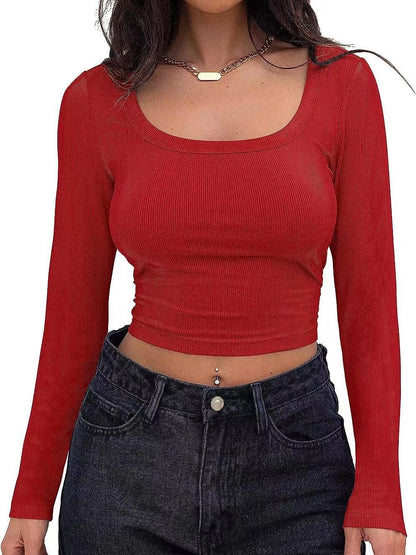 Slim-Fit Short Long Sleeve Square Neck T-shirt