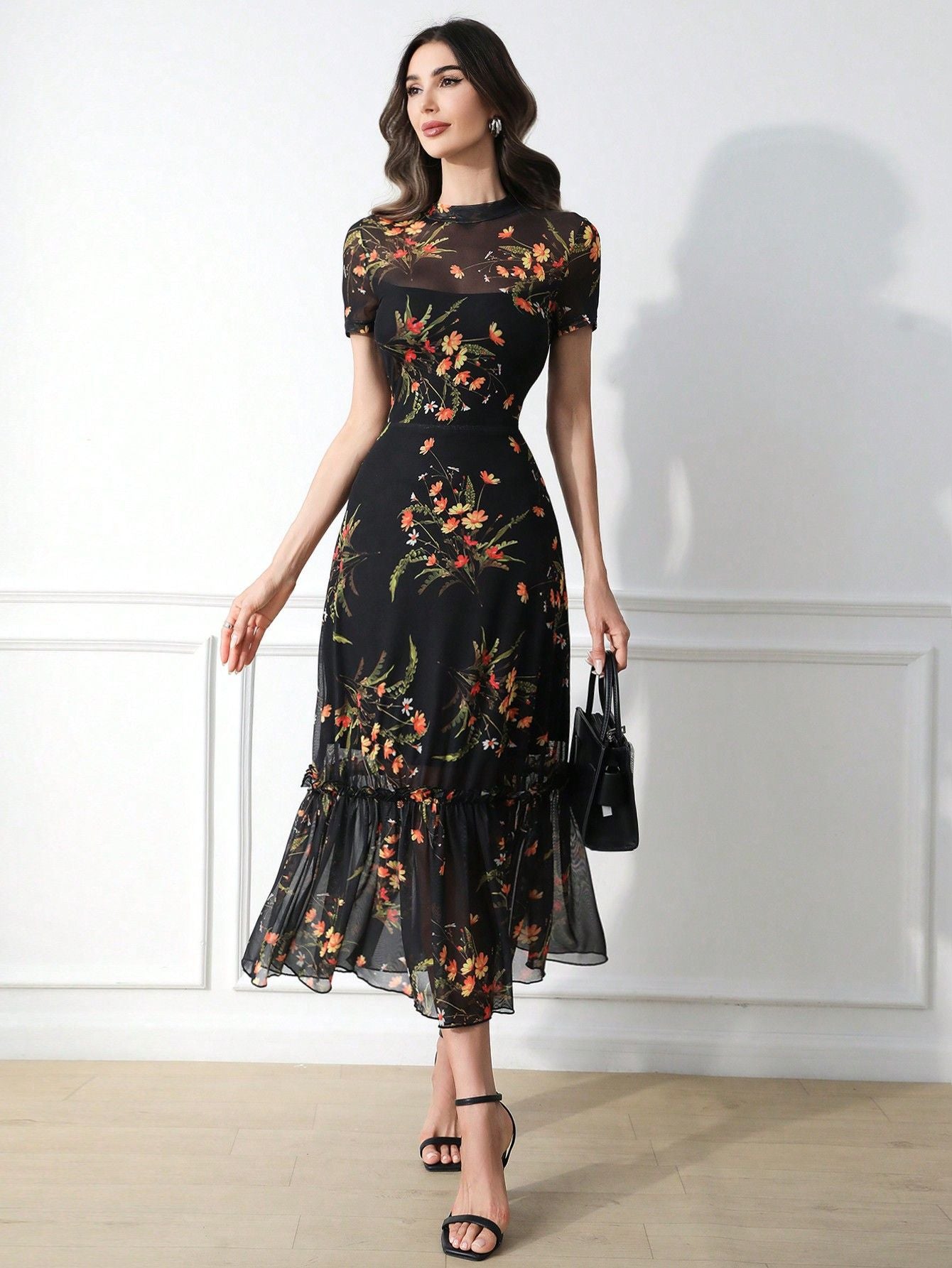 Elegant Gothic Floral Mesh Patchwork Dress