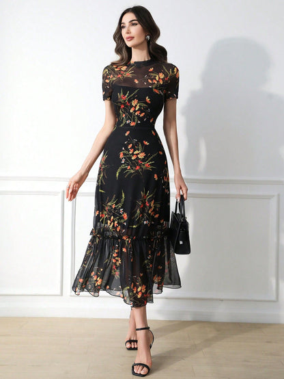 Elegant Gothic Floral Mesh Patchwork Dress