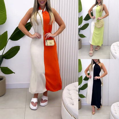 Solid Color Stitched Backless Split Dress