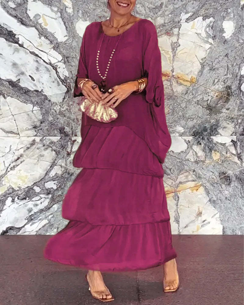 New Chiffon Mesh round-Neck Long Dress