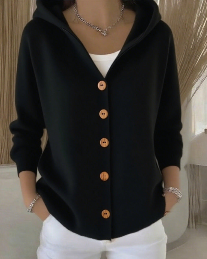 Solid Color Button Knitted Hooded Cardigan