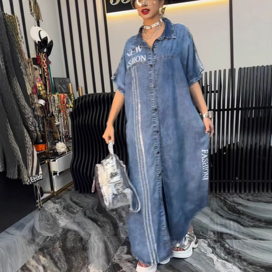 Casual Denim Letter Print Long Dress