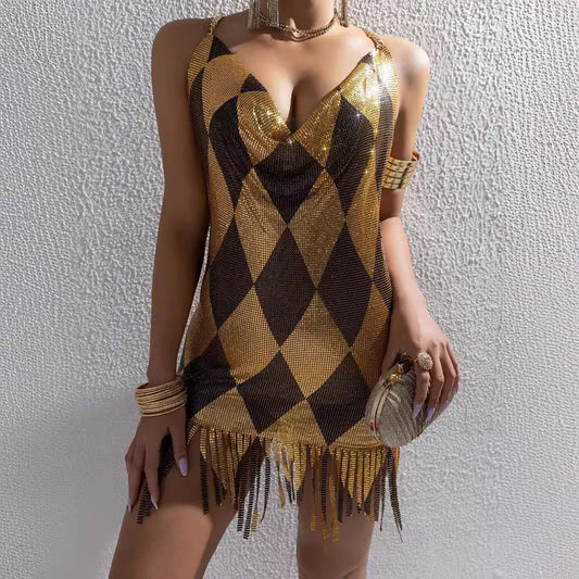 New metal splicing backless sexy dress