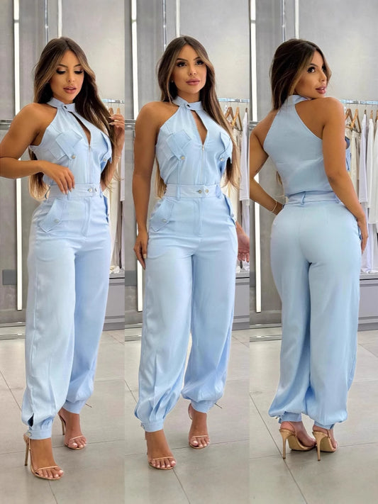 Sleeveless High Neck Cargo Pockets Design Top and Casual Cuffed Long Pants Set