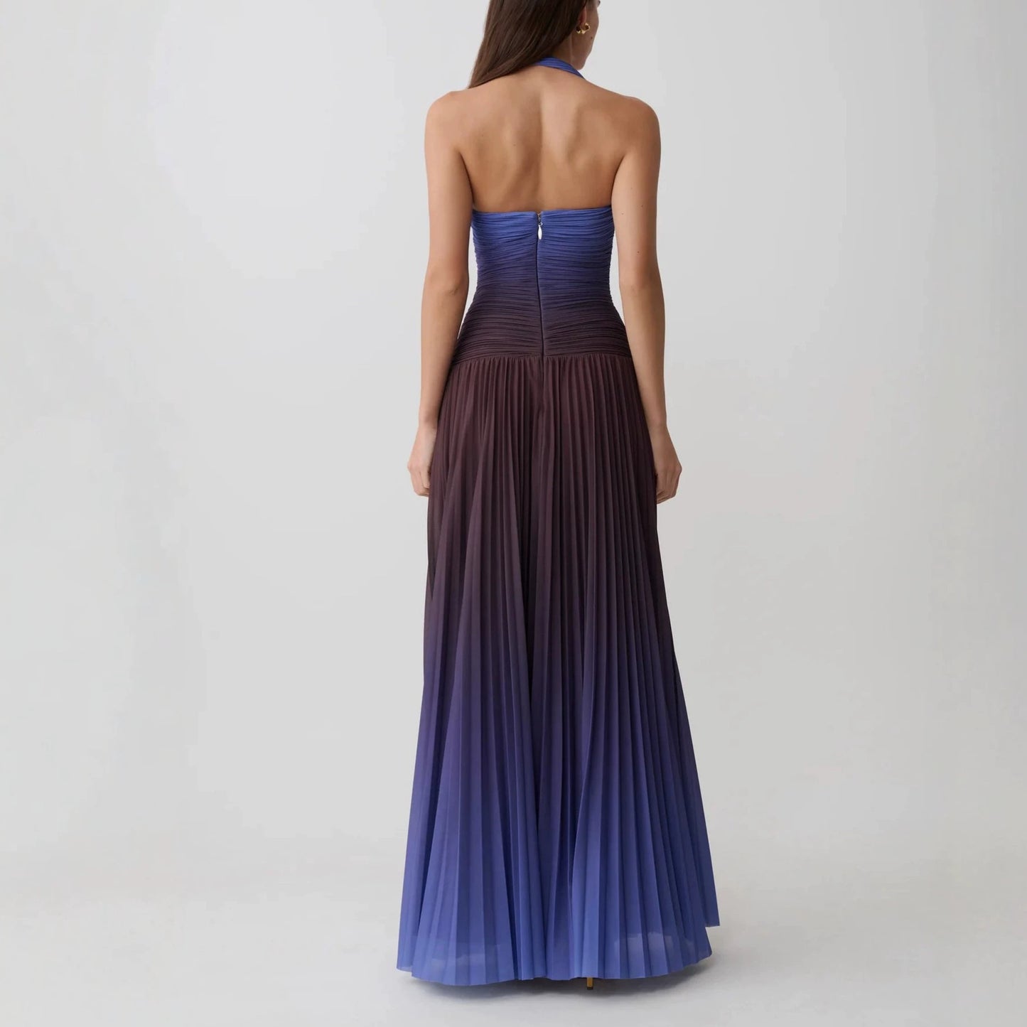 Vintage Elegant Ombre Pleated Halter Maxi Dress