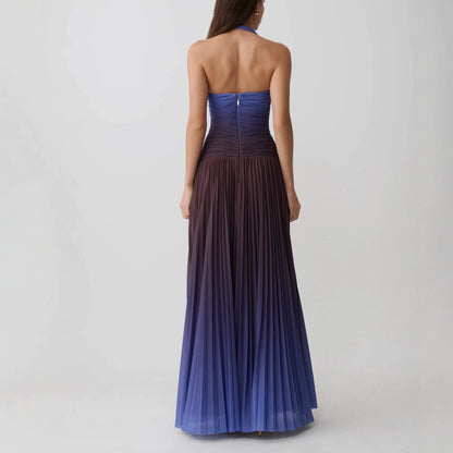 Vintage Elegant Ombre Pleated Halter Maxi Dress