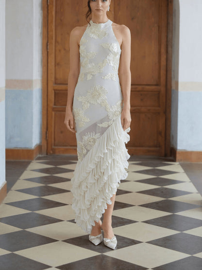 Sexy Halter Neck Floral Knit Bodycon Dress