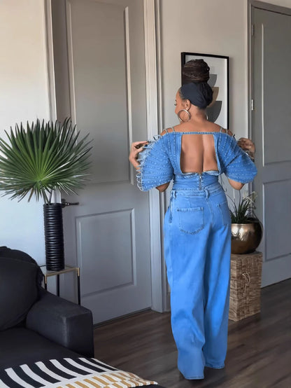Fan Sleeve Off-Shoulder Denim Jacket & Wide-Leg Jeans Set
