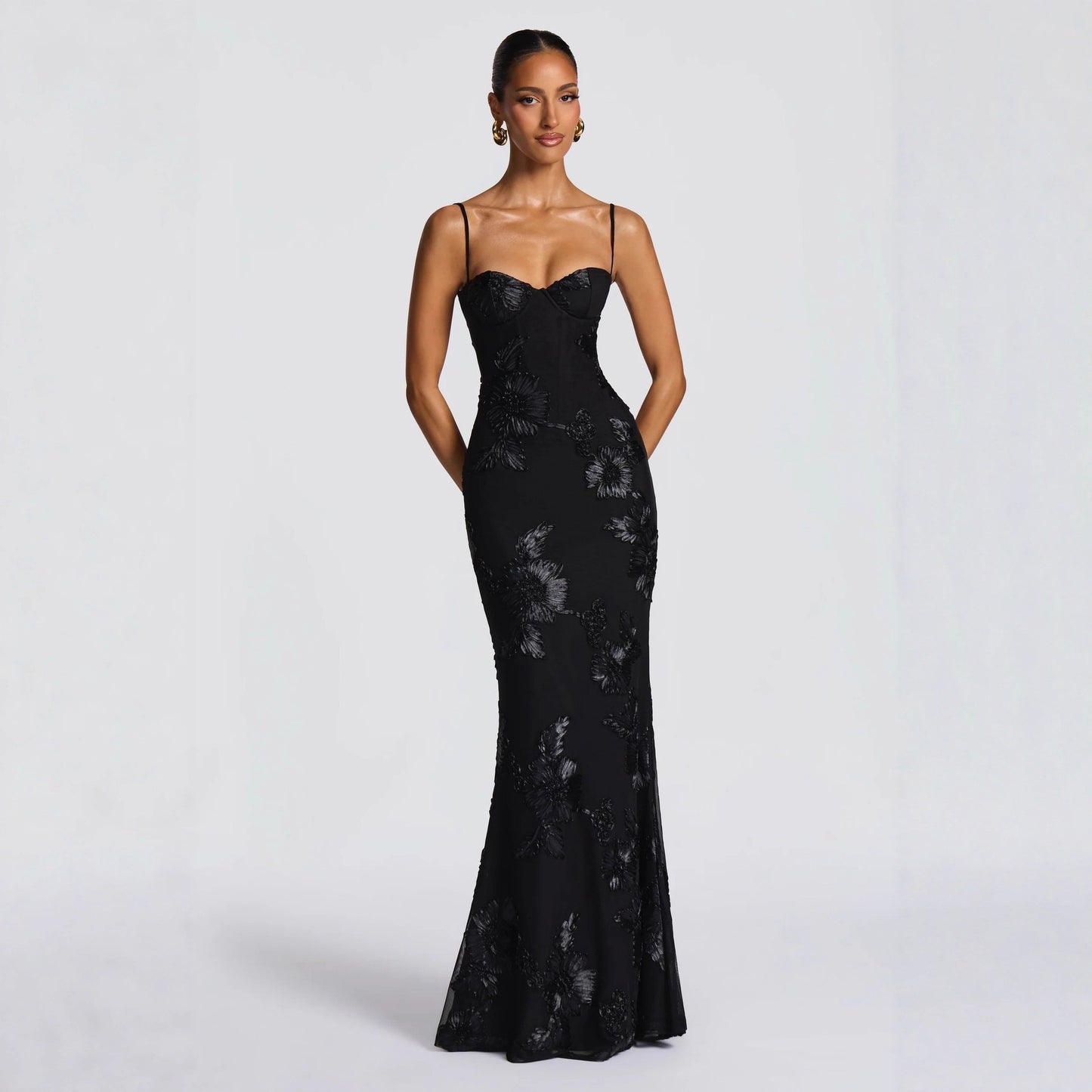 Floral Appliqué Backless Mermaid Evening Gown