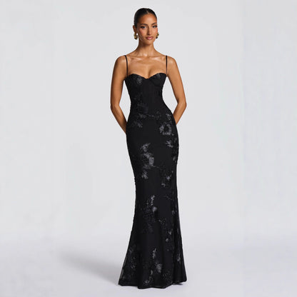 Floral Appliqué Backless Mermaid Evening Gown