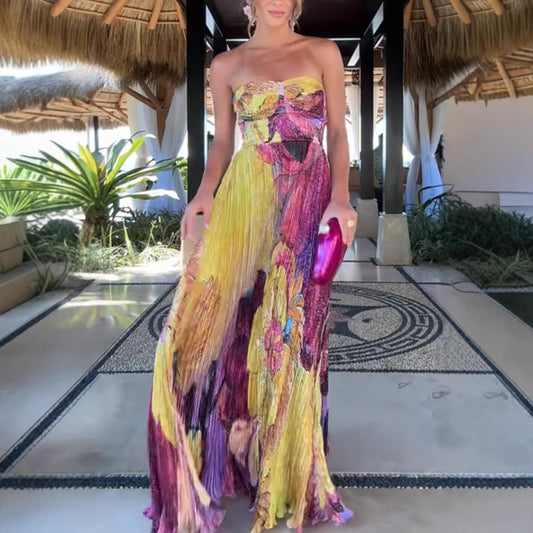 Printed Pleated Sleeveless Dress
