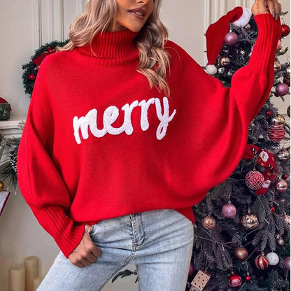 Christmas Embroidered High Collar Loose Knitted Sweater