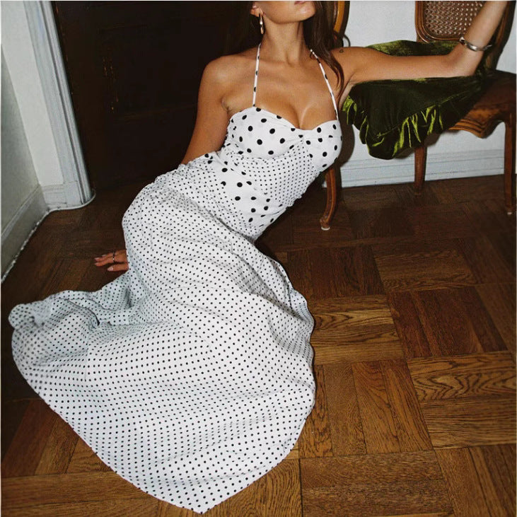 Lace Square Collar Polka Dot Brace Dress