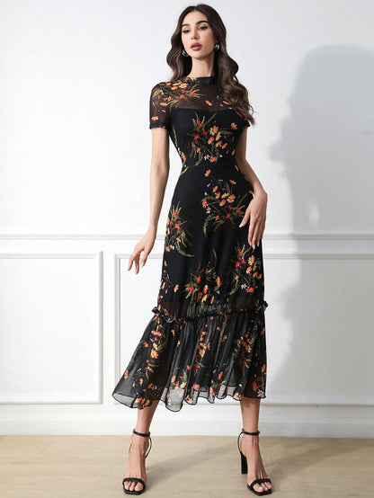 Elegant Gothic Floral Mesh Patchwork Dress