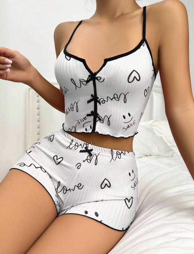 Heart Shape Printed Contrast Color Pajamas