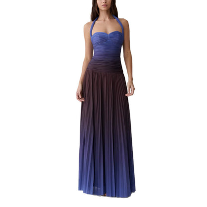 Vintage Elegant Ombre Pleated Halter Maxi Dress