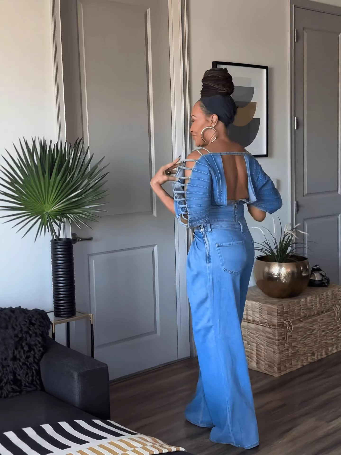 Fan Sleeve Off-Shoulder Denim Jacket & Wide-Leg Jeans Set