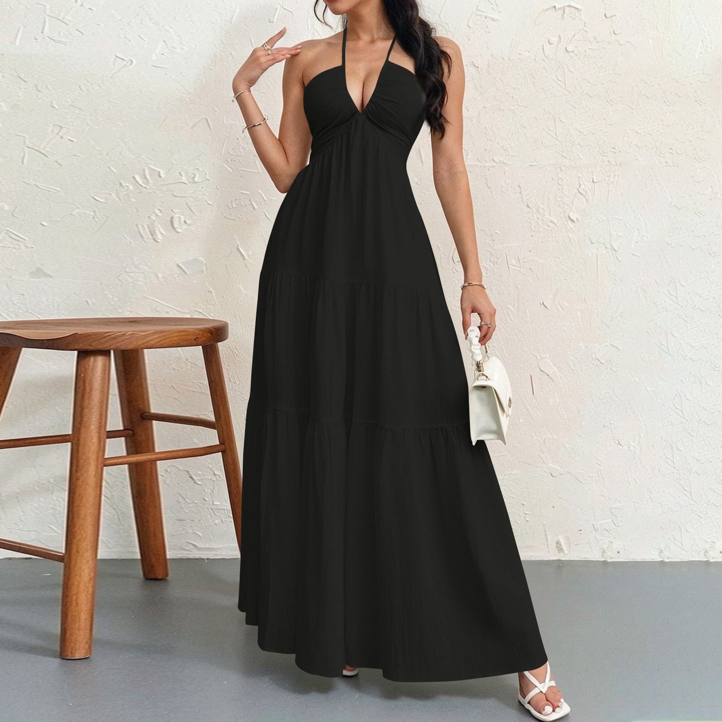 Women's Halter Neck Maxi Dress - Elegant Tie-Up Backless Sundress