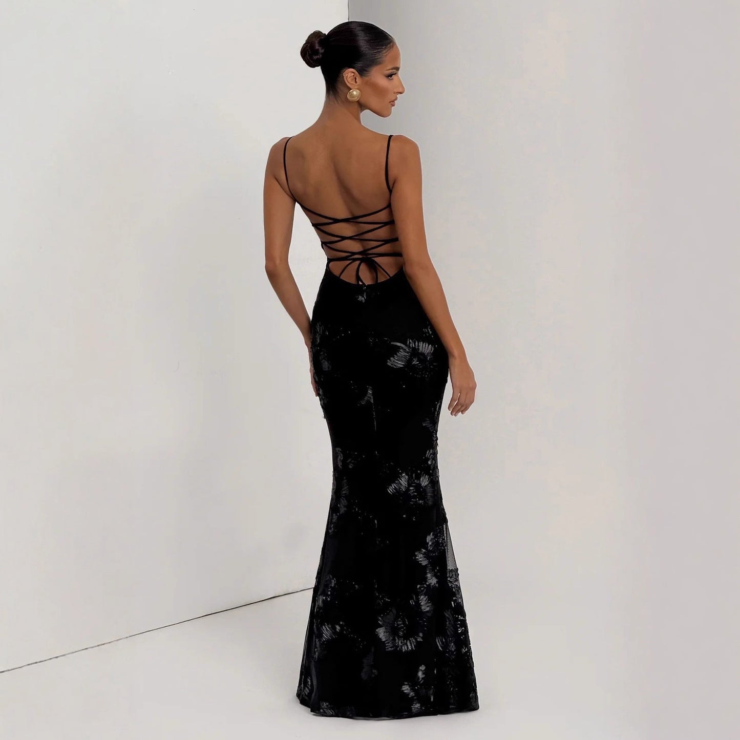 Floral Appliqué Backless Mermaid Evening Gown