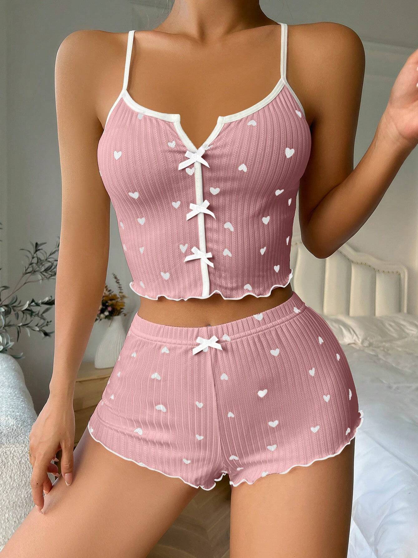 Heart Shape Printed Contrast Color Pajamas