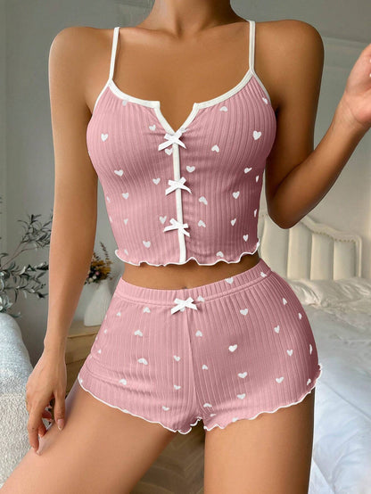 Heart Shape Printed Contrast Color Pajamas