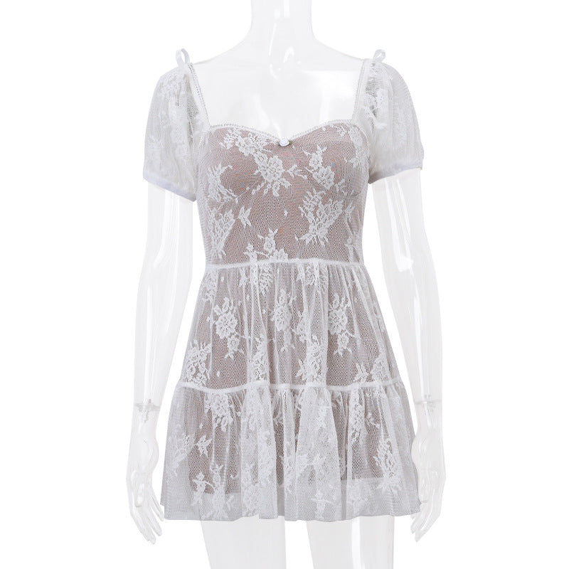 Square Collar Mesh Cinched Puff Sleeve Dress