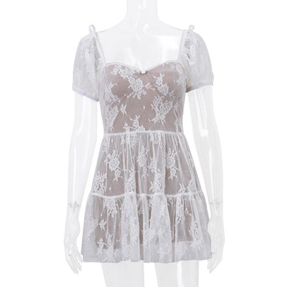 Square Collar Mesh Cinched Puff Sleeve Dress