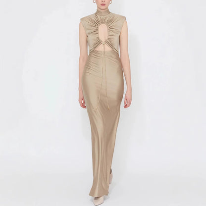 Solid Color Tie Neck Hollow Out Slim Fit Dress