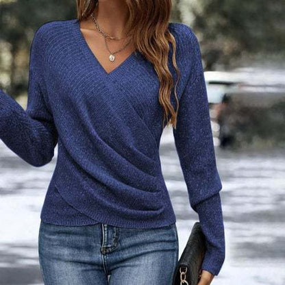 Hot-Selling V-Neck Long Sleeve Cross Solid Color Knitted Sweater