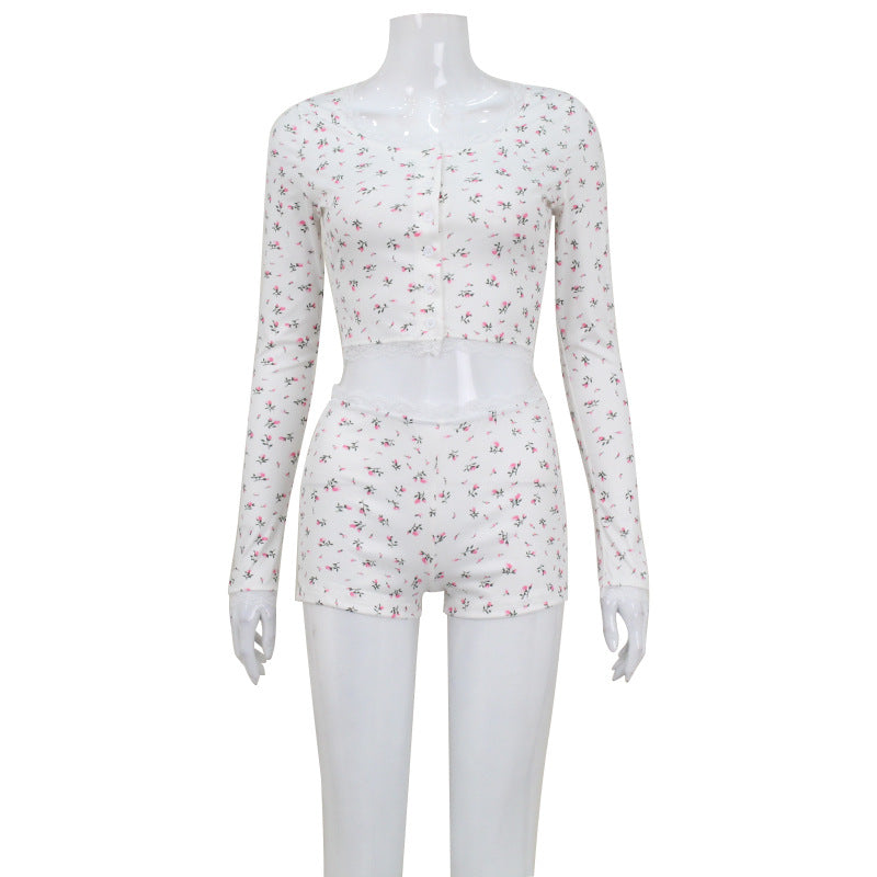 Printed Round Neck Tight Long Sleeve Shorts Homewear