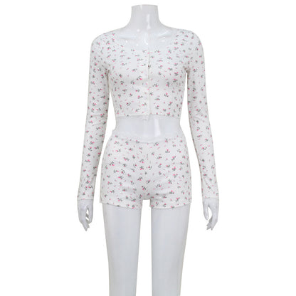 Printed Round Neck Tight Long Sleeve Shorts Homewear