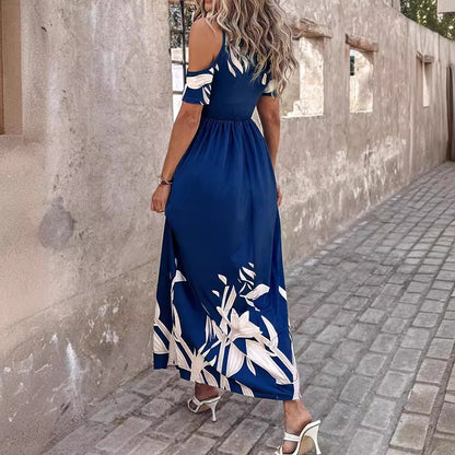 Fashion Shoulder-Baring Printed Waist-Controlled Long Dress