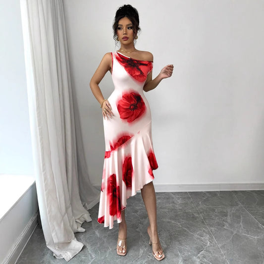 Asymmetric Hibiscus Floral Dress
