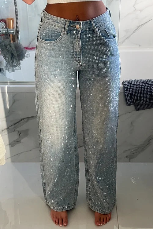 Diamanté Embellished Straight Leg Blue Denim Jeans