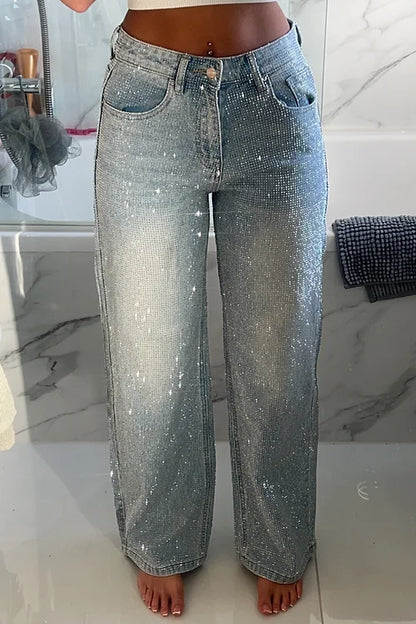 Diamanté Embellished Straight Leg Blue Denim Jeans