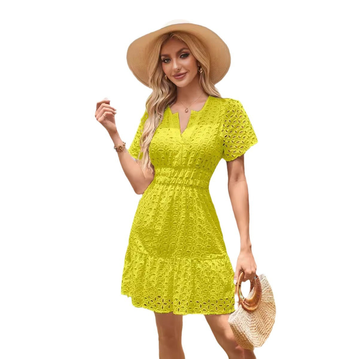 Hollow Lace Pleated Short Sleeves Mini Dress