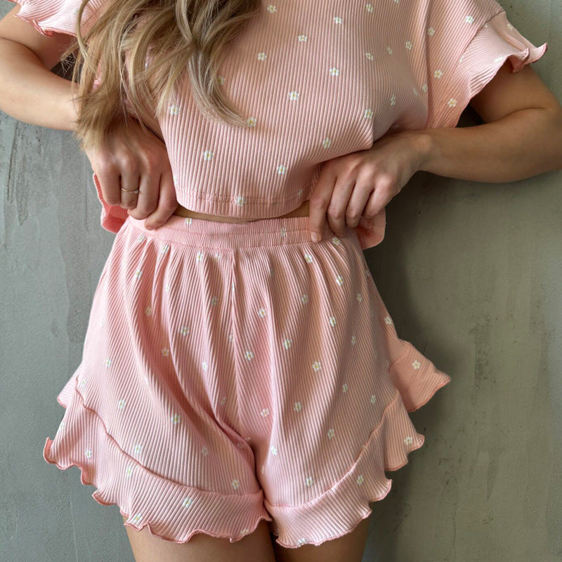 Ruffled Short Sleeve Round Neck Shorts Pajamas