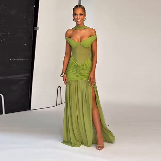 Low Neck Raglan Pleated Patchwork Mesh Dress