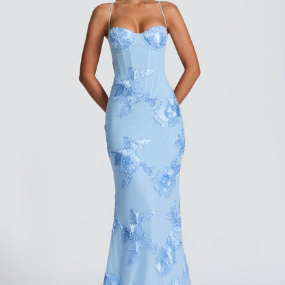 Floral Appliqué Backless Mermaid Evening Gown