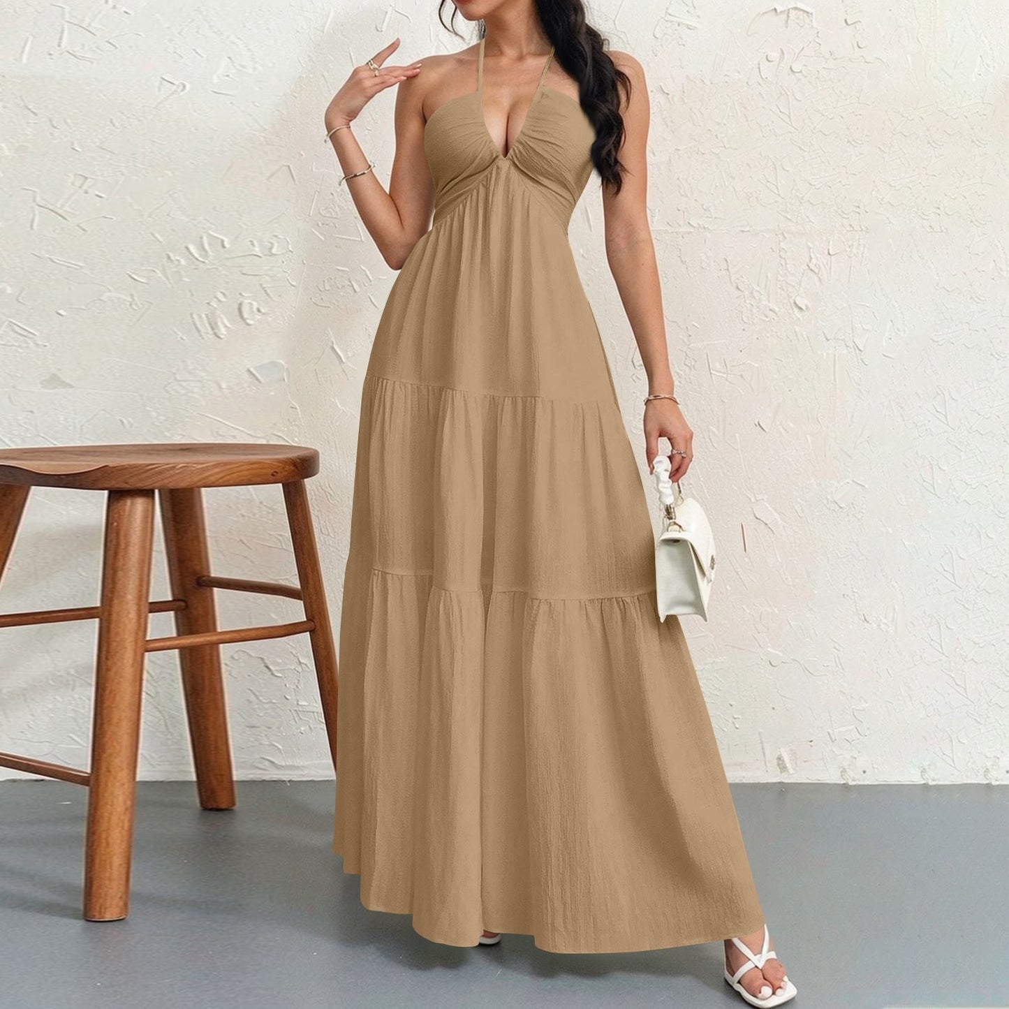 Women's Halter Neck Maxi Dress - Elegant Tie-Up Backless Sundress